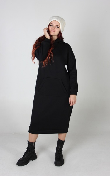 Чорное платье-худи с начесом и принтом Малина в капюшоне фото