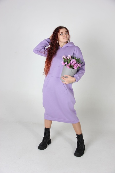 Лиловое Платье-худи с начесом и цветочным принтом в капюшоне фото