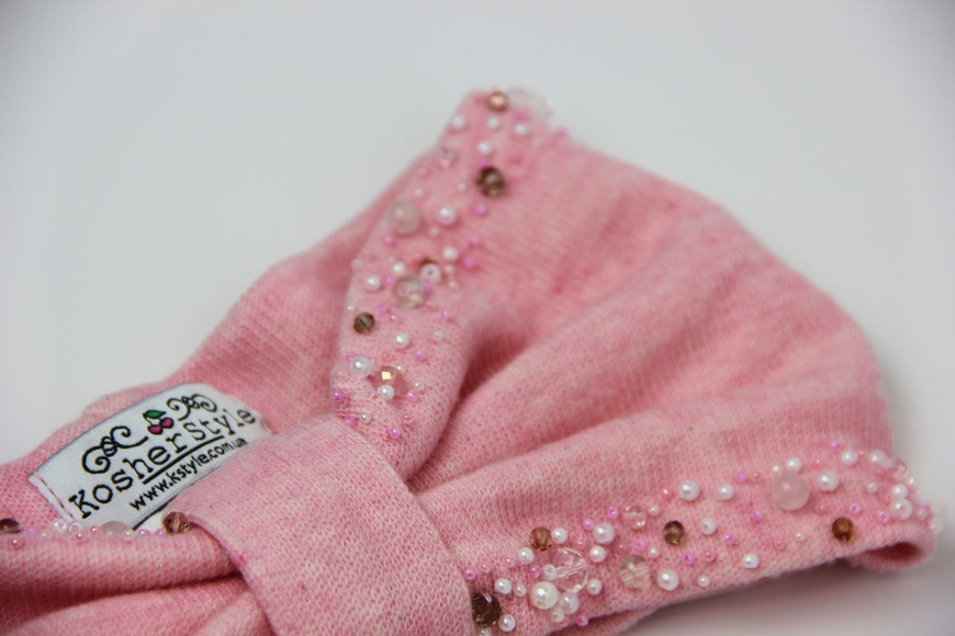 Повязка прямая а-ля чалма нежно-розовая с расшитой окантовкой фото