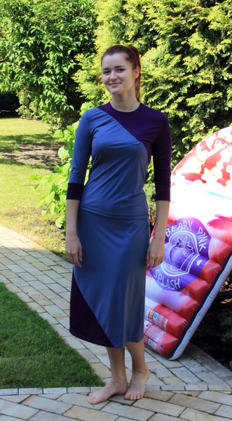Купальный костюм (юбочка + кофточка серый с фиолетовой вставкой) фото